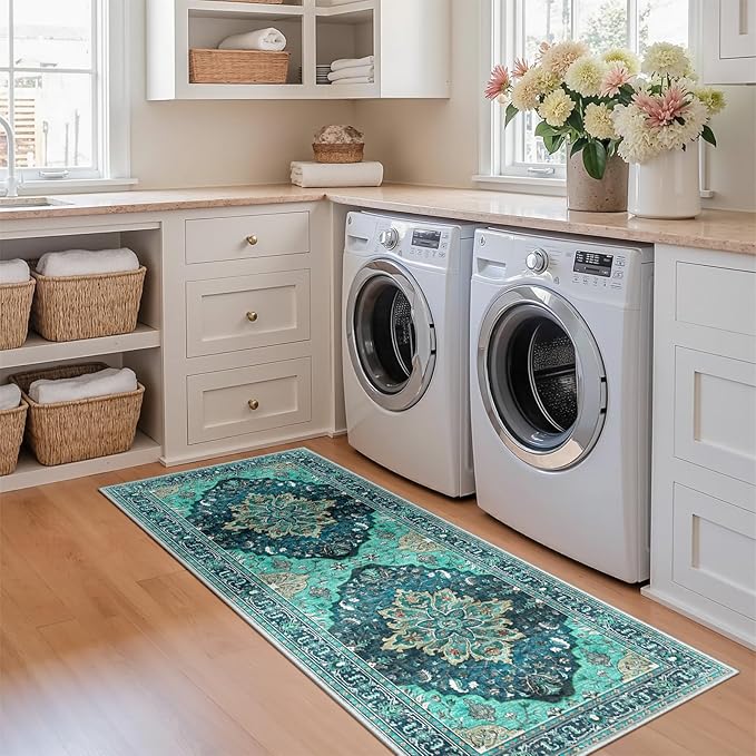 RELEANY Area Rugs 2'x5' Washable Non-Slip, Floral Vintage Distress Print Pattern Medallion Carpet for Living Room Bedroom Dining Room, Teal Green Lake Blue Turquoise
