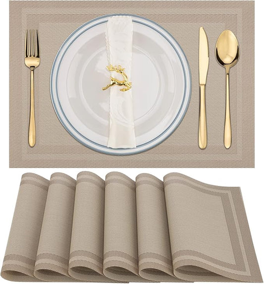 Winknowl Placemats Set of 6，Heat Resistant Woven Vinyl Washable PVC Place Mats，Non-Slip Stain Resistant Indoor/Outdoor Table Mats for Dining Table (Gold)