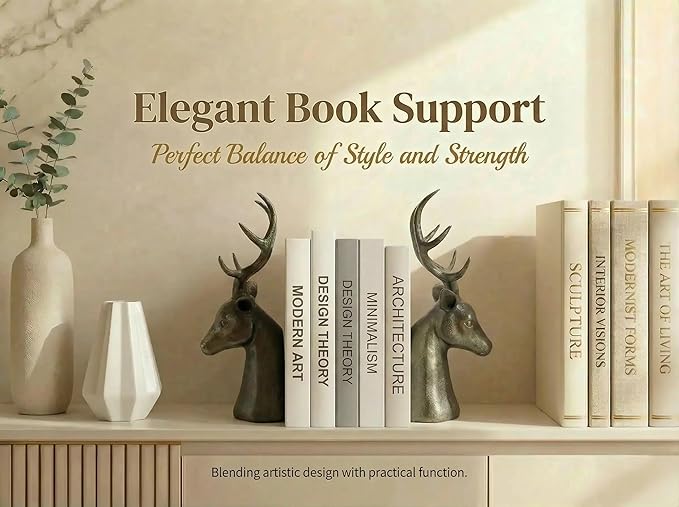 Comfy Hour 15" Tall Deer Head Decorative Bookends, Unique Antique Bronze Stag Buck Statues for Shelves, Heavy Duty Resin Animal Book Ends for Heavy Books, Rustic Lodge Cabin Decor, 1 Pair