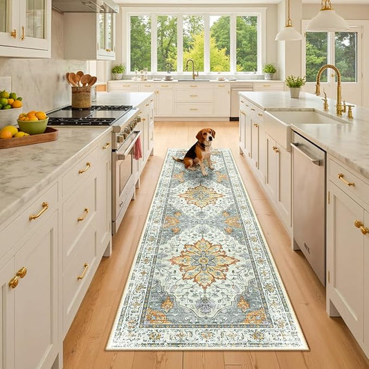 RELEANY Area Rugs 2'x8' Washable Non-Slip, Floral Vintage Distress Print Pattern Medallion Carpet for Living Room Bedroom Dining Room, Light Yellow Carbon Grey Orange