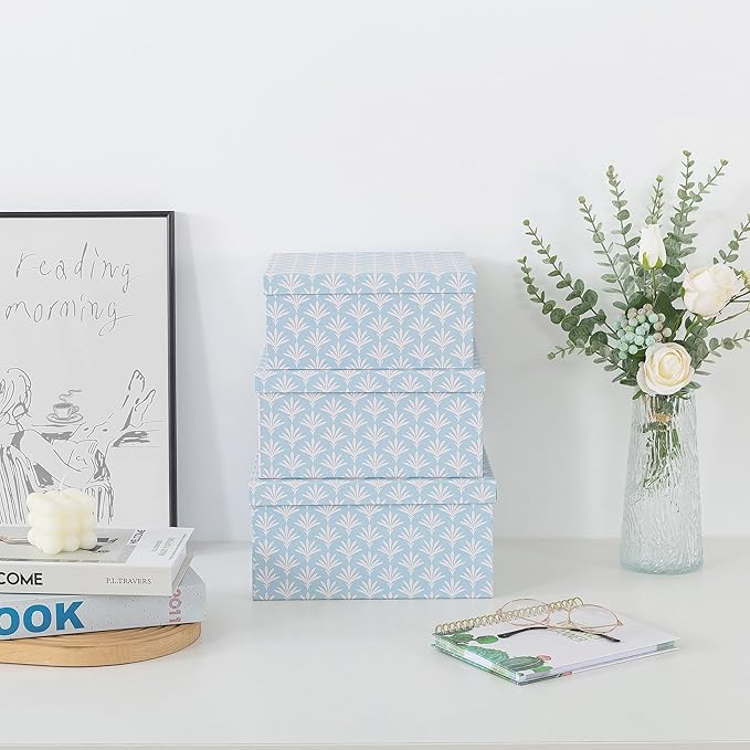 Soul & Lane Set of 3 Decorative Boxes with Lids, Square 11" x 11" Nesting Cardboard Storage for Home Décor in Blue, Keepsake and Memory Boxes for Organizing, Deco Sky