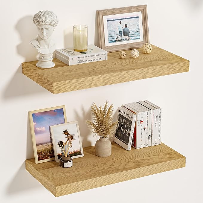 Vivelove 12 Inch Deep Floating Shelves 23.6 inch Long, Thick Wall Shelves with Invisible Brackets, for Bedroom Bathroom Living Room Kitchen Office, Rustic Farmhouse Decor, 23.6x12x1.5 Set of 2, Oak
