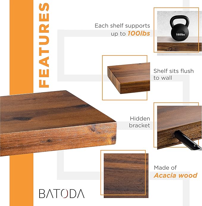 BATODA Set of 2 24" Acacia Wood Floating Shelves Wall Mounted – Rustic Farmhouse Wooden Wall Storage Shelf for Bedroom, Kitchen, Home Décor - Brackets and Shelving Hardware Included