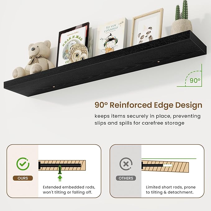 55in Floating Shelves for Wall, 55"W x 9.25"D x 1.5"H, Long Wall Mounted Engineered Wood Shelves with Invisible Brackets for Living Room, Bedroom, Bathroom, Kitchen Decor and Storage, Black