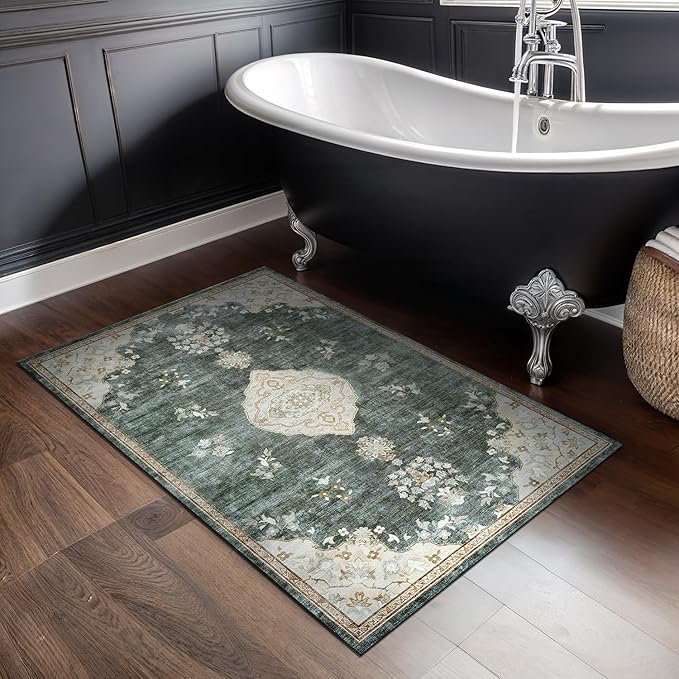 Beverly Rug Non Slip Rugs 2x3 Boho Medallion Floral Non Skid Rubber Backing Easy Silk Soft Entryway Rug for Living Room Easy to Clean Non Shedding Kitchen Bedroom Indoor Carpet (2 x 3 Green - Cream)