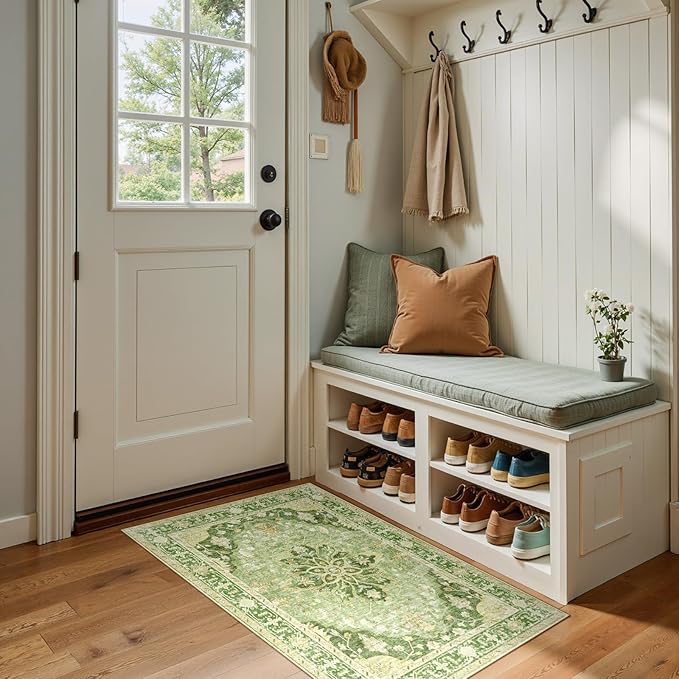 RELEANY Area Rugs 2'x4' Washable Non-Slip, Floral Vintage Distress Print Pattern Medallion Carpet for Living Room Bedroom Dining Room, Sage Green Yellow