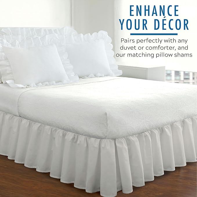 Fresh Ideas Bedding Ruffled Bed Skirt, Classic 14” Drop Length, Gathered Styling, Cali King, White
