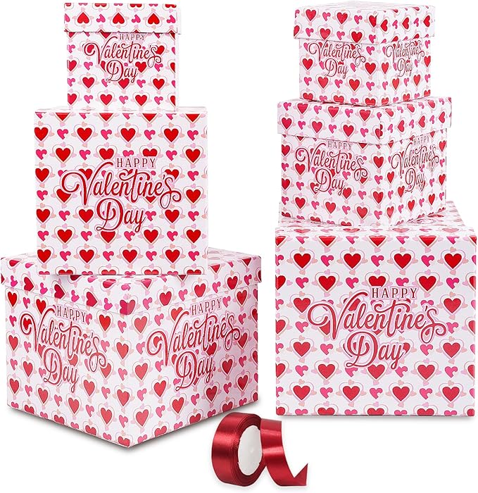 JWSCYSY 6PCS Valentine's Day Nesting Gift Boxes with Lid, Square Gift Boxes with Ribbon, Decorative Boxes Assorted Size for Valentine's Day Presents Wrapping, Party Favor Boxes (White)