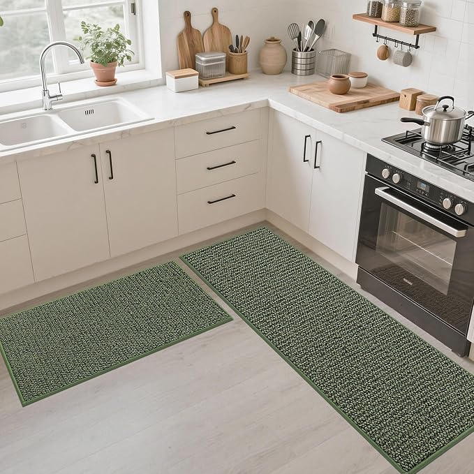 JSEI Kitchen Rugs and Mats, 2PCS Non-Slip Kitchen Mats for Floor, Machine Washable Absorbent and Stain Resistant Kitchen Runner, Carpet Mats with TPR Backing, 17''x30''+17''x60'', Green