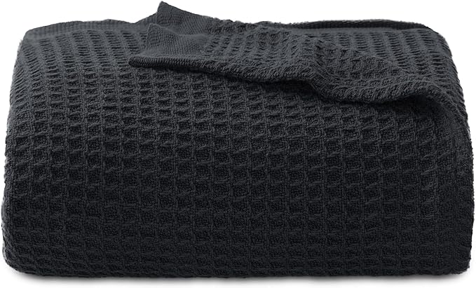 Bedsure Gentlesoft 100% Cotton Large Throw Blanket for Couch 50x70 inches - Breathable and Soft for Spring Summer, Waffle Weave Throw Blanket for Office, Black