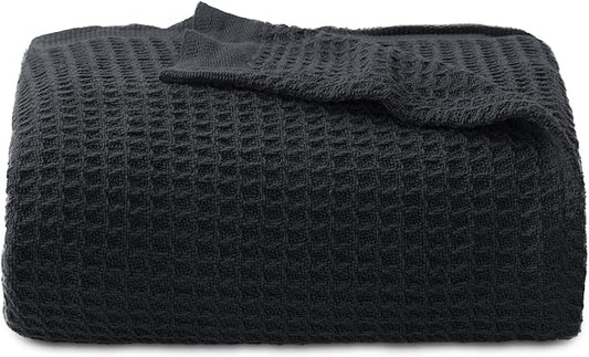 Bedsure Gentlesoft 100% Cotton Large Throw Blanket for Couch 50x70 inches - Breathable and Soft for Spring Summer, Waffle Weave Throw Blanket for Office, Black