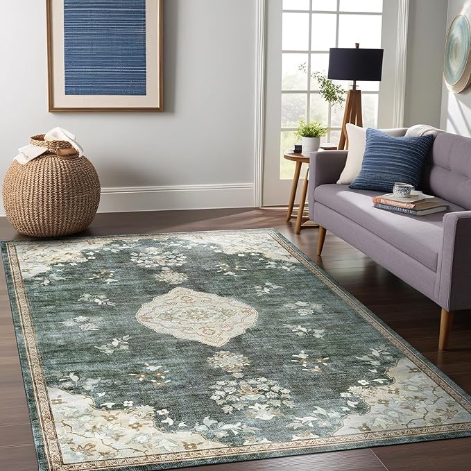 Beverly Rug Non Slip Rugs 4x6 Boho Medallion Floral Non Skid Rubber Backing Easy Silk Soft Area Rug for Living Room Easy to Clean Non Shedding Kitchen Bedroom Indoor Carpet (4 x 6 Green - Cream)