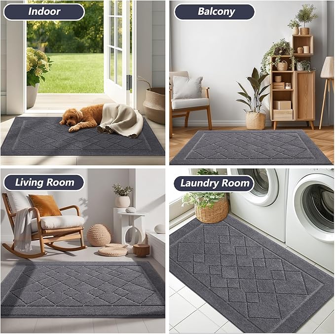 REFETONE Dirt Trapper Door Mat 32" x 40", Washable Indoor Doormat Rubber Backing Non Slip, Resist Dirt and Absorbent Entrance Mat, Low Profile Inside Floor Mats for Front Back Door and Entryway, Grey