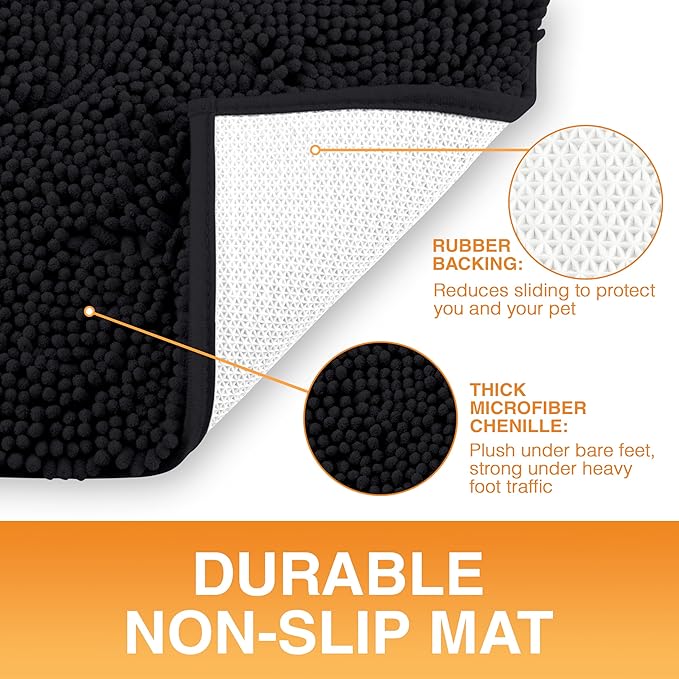 Neater Pets Chenille Dog Door Mat 24” x 17” – Super Absorbent & Quick-Dry Muddy Paws Doormat for Trapping Dirt, Water, Mud - Non-Slip & Machine Washable Pet Rugs for Entryway, Indoor Mud Mats, Black