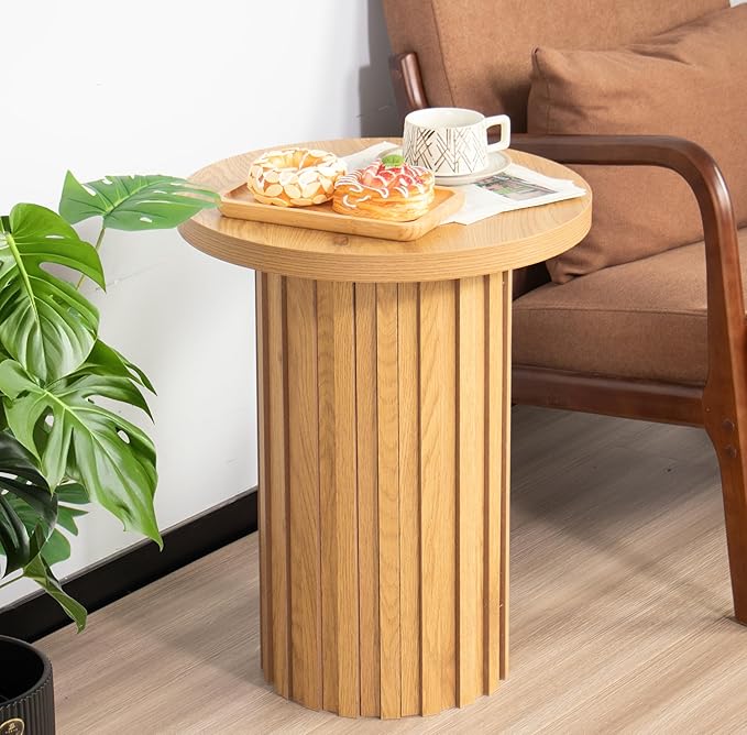 Farmhouse Pedestal End Table Round Side Table with Fluted Panel Rustic Drink Table for Small Space Living Room (Wood Color)