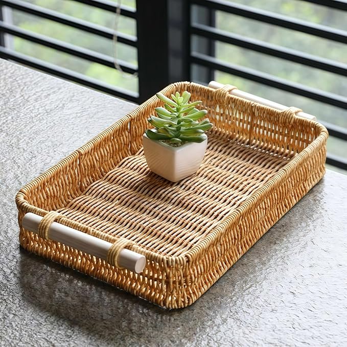 GIB PP Wicker Woven Trays with Handles, Rectangle Rattan Tray Bread Basket for Serving Food, Vegetables, Breakfast, Coffee Table Decor, Set of 2