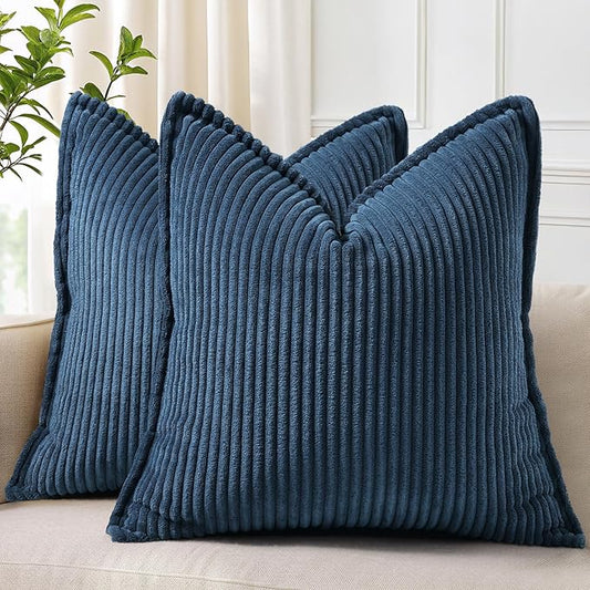 decorUhome Spring Corduroy Navy Blue Euro Sham Throw Pillow Covers 22x22 Set of 2 Decorative Soft Boho Farmhouse Couch Pillow Covers for Living Room Bed Sofa Broadside Striped Pillow Cases