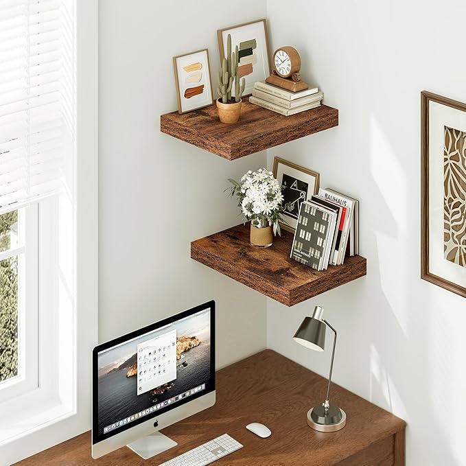 Vivelove 12" Deep Floating Shelves for Wall, 15.7" Long Wall Shelves for Living Room Bedroom Bathroom Kitchen Office, Farmhouse Rustic Shelves Home Decor, 15.7" X 12" X 1.5" Set of 2, Rustic Brown