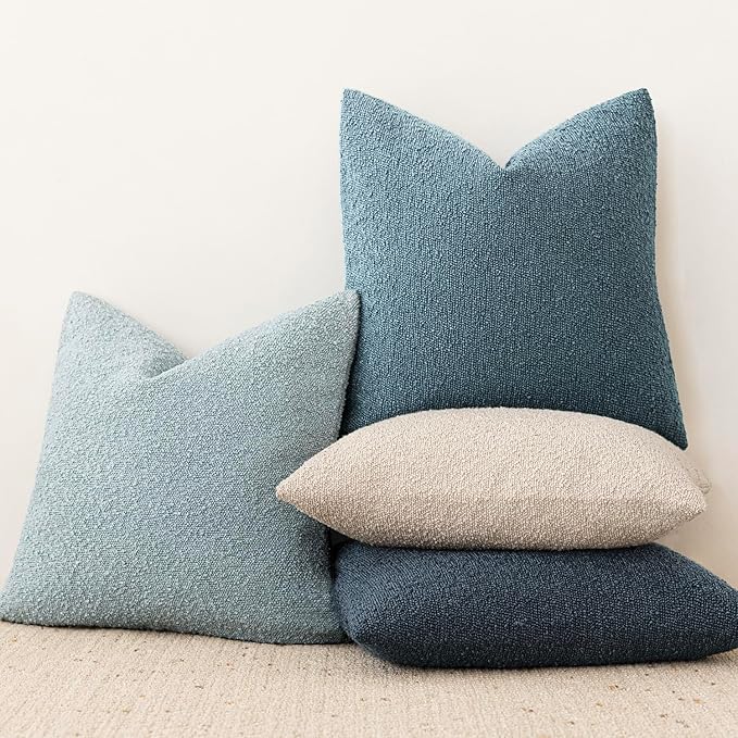 Foindtower Decorative Textured Boucle Throw Pillow Covers Accent Solid Pillow Cases Neutral Soft Cozy Couch Cushion Case for Chair Sofa Bedroom Living Room Home Decor 18x18 Inch,1PC,Misty Blue