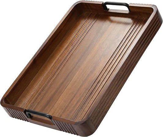 Acacia Wood Serving Tray with Metal Handles  – 17x13in Rustic Decorative Ottoman & Coffee Table Tray for Breakfast in Bed, Dinner, Bar, Kitchen, Home Décor & Entertaining