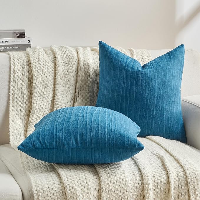FUTEI Teal Chenille Decorative Throw Pillow Covers 24x24 Inch Set of 2,Soft Crushed Striped Texture European Cushion Case,Modern Home Decor for Couch Bed Living Room