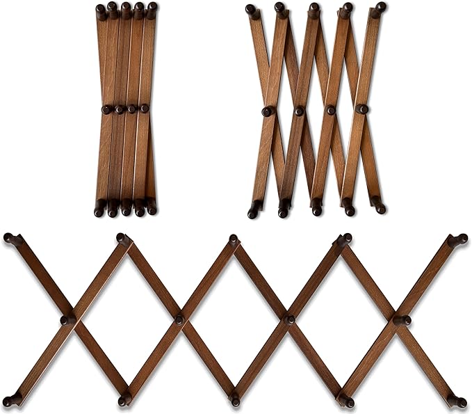 Expandable Wooden Coat Rack Hanger – Accordion Wall Mounted Pine Wood Hooks – Hand Made Vintage Expending Pegs – Hang Coat, Jacket, Hat, Leash, Towel, Mug, Bag – 14 Hook Dark Walnut