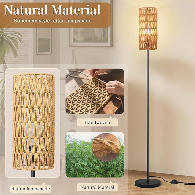 Floor Lamp for Living Room,Farmhouse Rattan Floor lamp,Modern Standing lamp with Hand-Worked Rattan Shade,Black Tall Lamp with Foot Switch for Bedroom,Kids Room,Office,LED Bulb is Included.