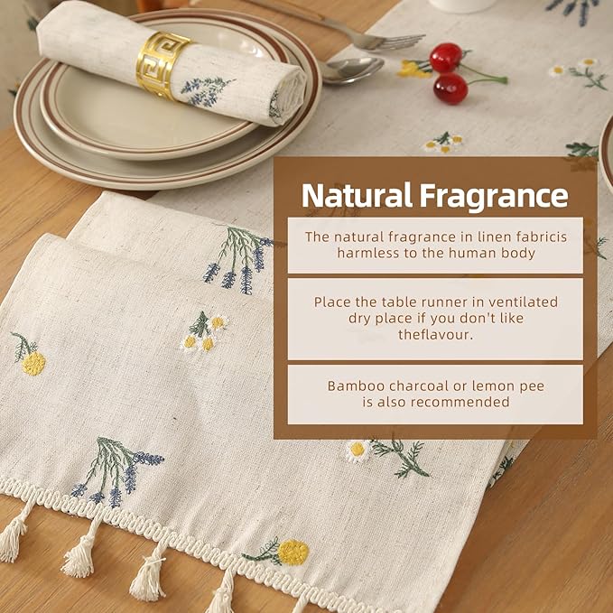 Linen Table Runner with TasselsSet of 1 Runner and 2 Placemats Boho Daisy Embroidered 12x72 Inches Flax Beige for Farmhouse Dining Table Buffet Nightstand Decor Home and Commercial Use