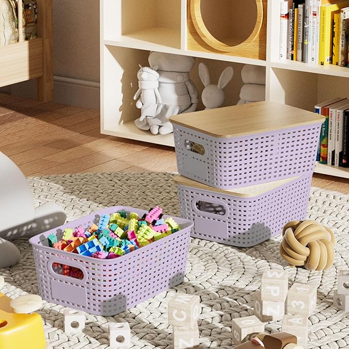 Plastic Storage Bins with Bamboo Lid - Stackable Pantry Storage Organizer with Lid - Storage Basket with Lable for Organizing: Small Storage Box for Shelves Cabinet Office Drawer Desktop 10x7x4in 6Pcs