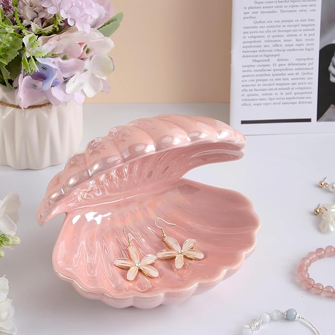 Denique Shell Jewelry Dish Tray, Ceramic Trinket Tray Clamshell Jewelry Storage Dish, Ring Holder Dish Key Bowl, Decorative Jewelry Plate, Cute Jewelry Organizer for Room Decor (Pink)