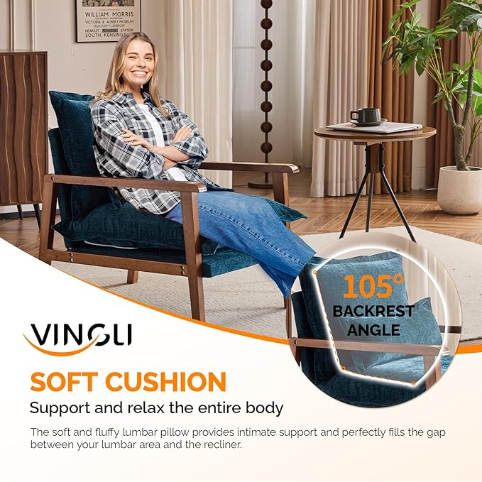 VINGLI Mid-Century Modern Cloud Accent Armchair with Lumbar Pillow, 6.3'' Thick Seat Cushion Comfortable Reading Chair with Wooden Armrests，Boho Lounge Chair for Bedroom, Living Room, Chenille, Teal