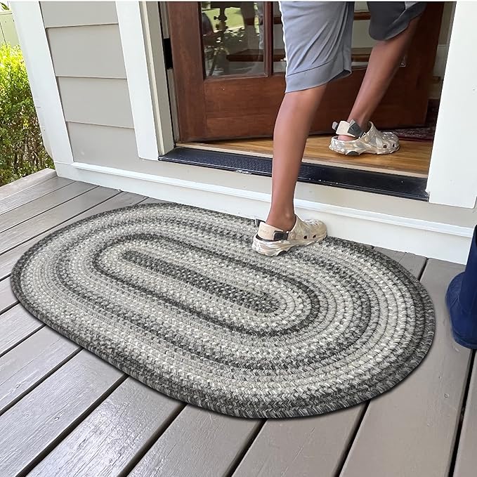 Graphite Grey Braided Oval Rug 20x30 - Indoor & Outdoor - Rustic Country Decor for Entryway, Kitchen, Everywhere