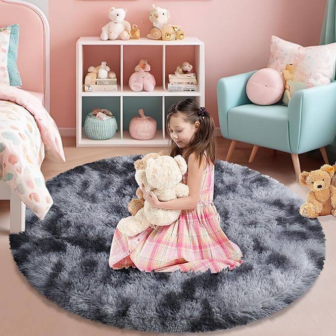 Tie-Dyed Black Fluffy Round Rug,Soft Area Rugs for Girls Room,Shaggy Rugs 6'X6' for Living Room,Non Slip Circle Rug for Kids Bedroom,Shag Plush Nursery Rug,Plush Carpet for Dorm,Cute Furry Room Decor