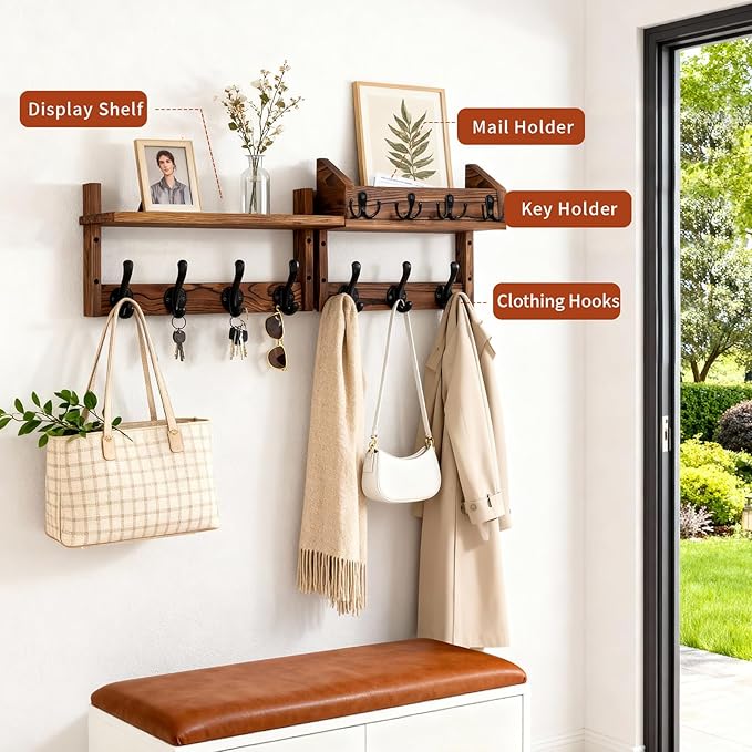 29" Wooden Wall Mounted Coat Rack with Shelf- 4-in-1 Entryway Organizer with 11 Hooks (7 Coat Hooks + 4 Key Hooks), Mail Holder & Display Shelf for Living Room, Bedroom (NOT Come Assembled)