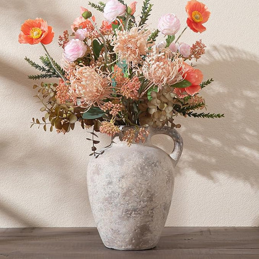 Ceramic Decorative Flower Vase with Handle,8.85 Inch Terracotta Rustic Farmhouse Vase for Home Decor,Living Room, Shelf Decor,Wedding,Housewarming Gift