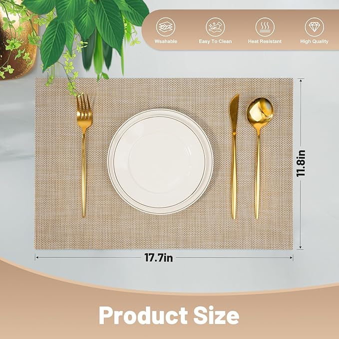 Placemats Set of 6，Non-Slip PVC Weave Table Mats Easy to Clean，Heat Resistant Place Mats for Kitchen Dining Table Decoration Indoor Outdoor，Beige