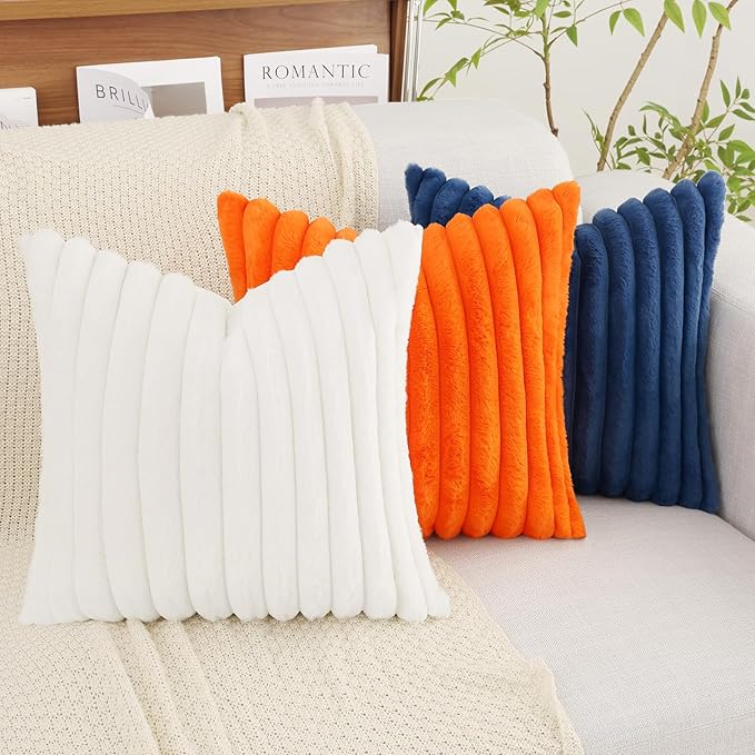 decorUhome Faux Fur Spring Throw Pillow Covers 20x20 Set of 2, Decorative Soft Plush Striped Neutral Couch Pillow Covers with Velvet Back for Sofa, Bed, Living Room Home, White