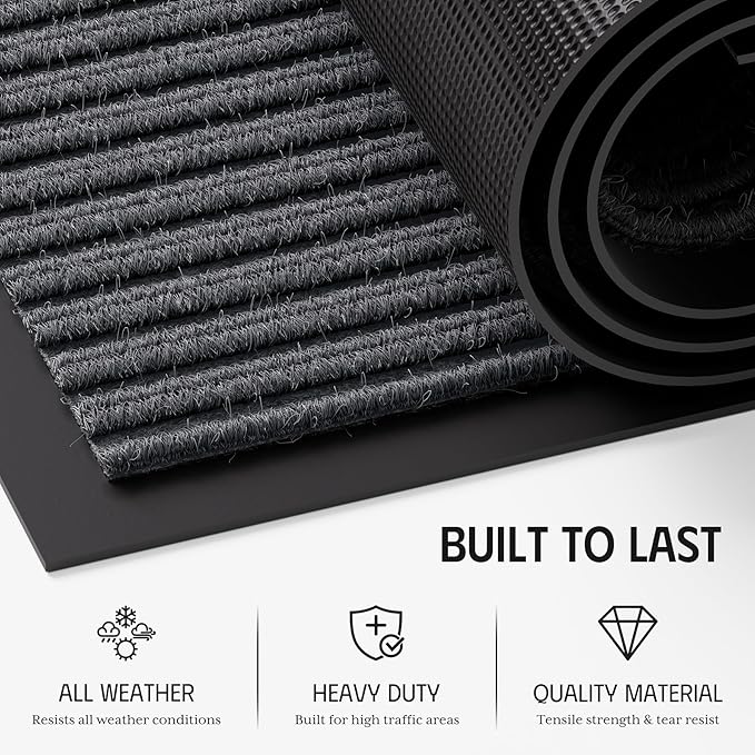 Front Door Mat, 3' x 10' Commercial Door Mat Outside Entrance, Heavy Duty Welcome Mat, Absorbent & Dirt Resistant, Non-Slip Extra Large Door Mats, Door Rugs for Entryway Indoor Outdoor, Grey