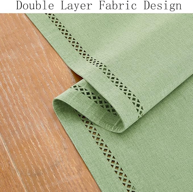 Burlap Style Farmhouse Table Runner, 13 x 90 Inch Avocado Green, Rustic Geometric Hollow Table Runners 90 Inches Long for Dresser Table Everyday Use, 13x90 Inches, Avocado Green