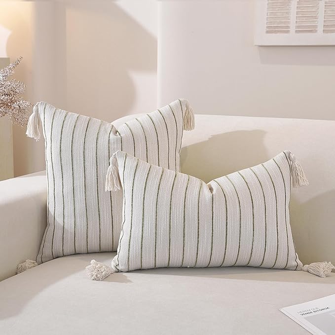 QDTTSRY Boho Throw Pillow Covers 18x18 Inch Set of 2, Textured Linen Striped Square Pillow Covers with Tassels, Soft & Cozy Farmhouse Décor Pillow Cases for Sofa Couch Bed Living Room, Green