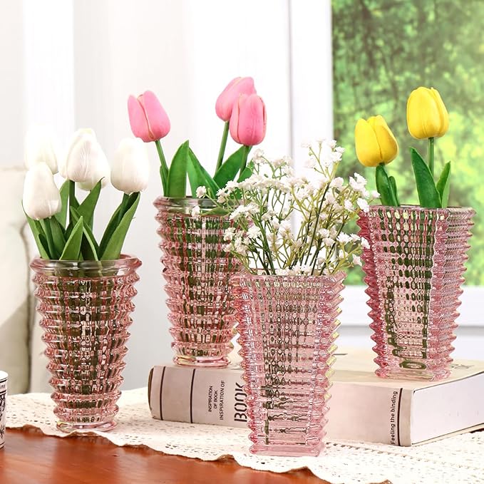 MCMCNCUIU Crystal Flower Vase Set of 4, Glass Vases for Centerpieces, Pink Vases for Flowers, Small Vase for Living Room, Bedroom, Kitchen, Office, Wedding