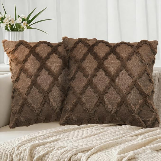 EMMTEEY Boho Pillow Cases 18x18 Inch Set of 2, Striped Embroidered Faux Fur Pillow Covers - Wrinkle Free & Decorative Accent Cushion for Sofa Couch Bed (Dark Khaki)