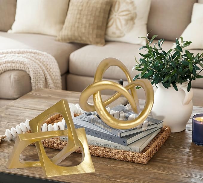 Modern Geometric Cube Sculpture Gold Knot Statue Decor Tabletop Sculpture and Figurines Cube Decorative Ornaments Knick Knacks Home Decor for Shelves Coffee Table Bookshelf Decoration Gifts