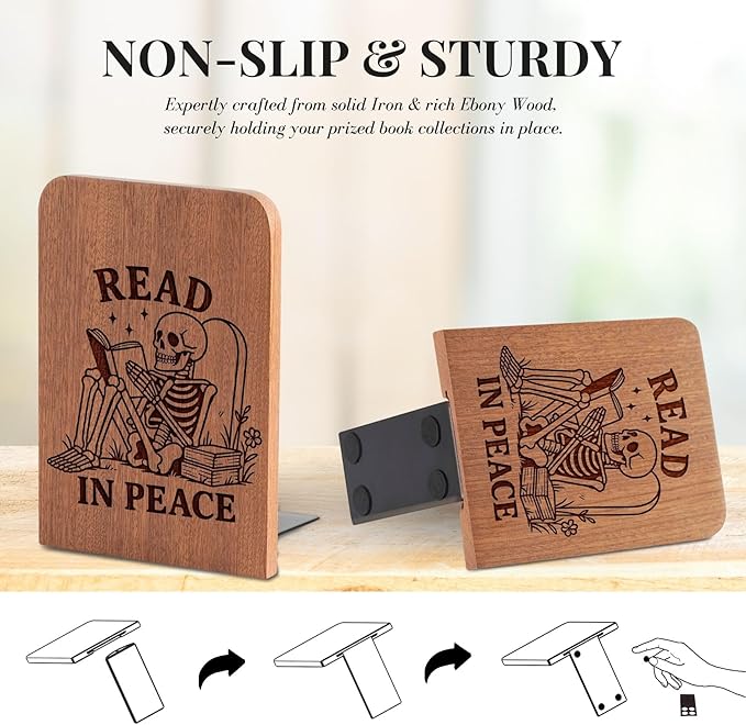 Book Lover Gifts for Women Men, Skull Bookends, Novelty Bookends Unique, Heavy Duty Wooden Book Ends for Shelves Decorative(1 Pair, 4.72x6.69 Inches) - RIP