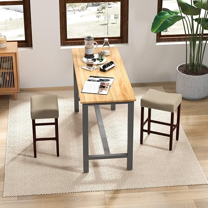 Giantex 25" Counter Height Bar Stools Set of 2 - Backless Saddle Barstools with Nailhead Linen Foam Seat, Max Load 330 Lbs Wood Bar Stools with Foot Rest for Kitchen Island, Khaki