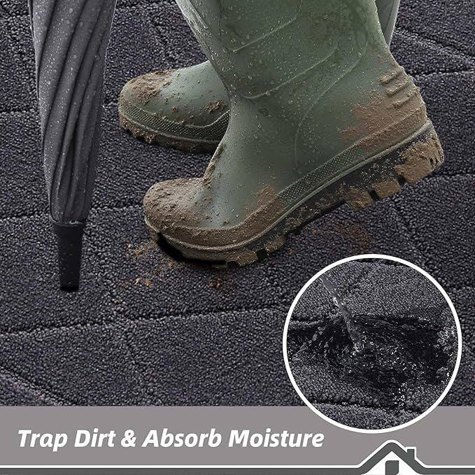 BEQHAUSE Dirt Trapper Door Mat 20" x 32", Doormat Non-Slip Entryway Rugs Washable, Dog Door Mat Stain Resistant and Absorbent Welcome Floor Mat for Front Back Door, Mud Wet Shoes & Paws, Dark Grey