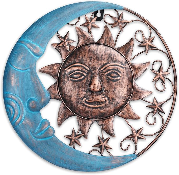 VCUTEKA Sun Face Metal Wall Art Decor Outdoor Sun Moon Patio Garden Fence Deck Yard Pool Wall Sculpture Decoration for Living Room Bedroom Colorful