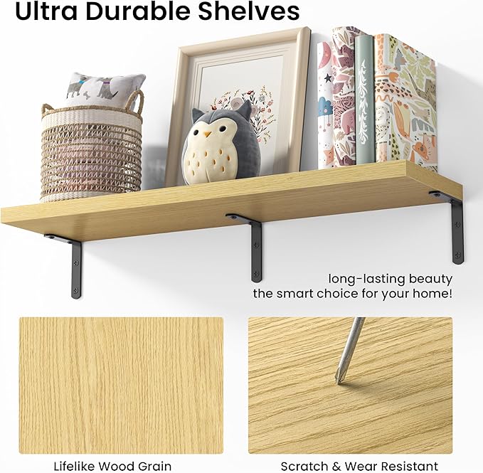 Marsmiles Extra Wide Floating Shelves for Wall, 24x8 Inch Natural Wood Grain Bookshelves, Heavy Duty Mounted Shelving for Bathroom, Kitchen, Living Room, Bedroom,Set of 2，Oak
