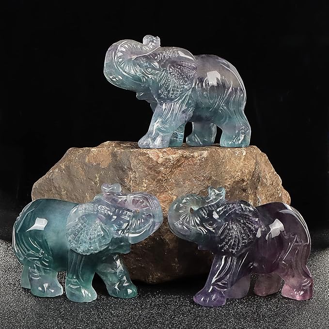 2.5" Rainbow Fluorite Crystal Elephant Decor Gemstone Hand Carved Animal Healing Statue Craft Home Office Gifts