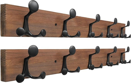 SKOLOO 30-Inch Wood Coat Rack Wall Mount with 5 Triple Hooks - Ideal for Family Entrances, Classrooms, and Pet Supplies Storage - Perfect Coat Hooks for Wall,Charred Golden Brown, Pack of 2